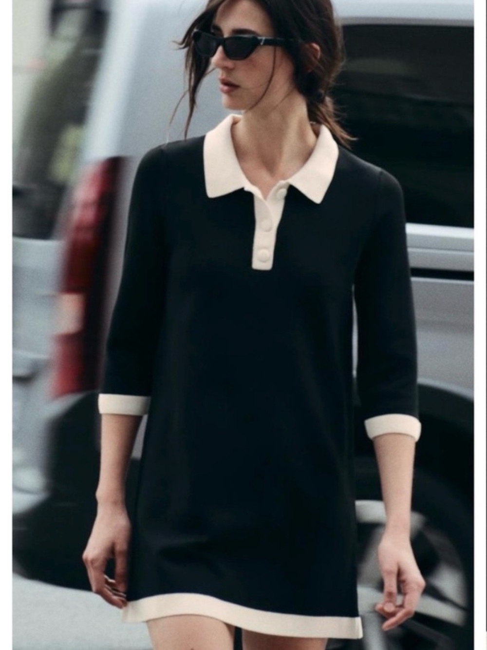 NWT Zara knit mini polo dress black contrast hem cream size small